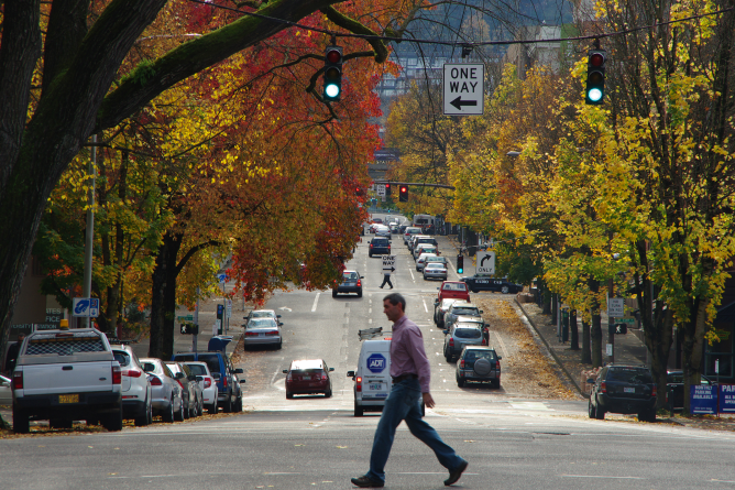 a man crossing the street