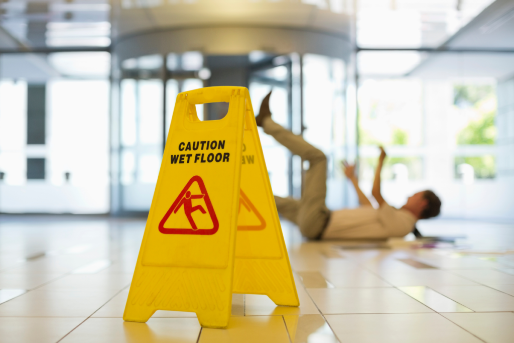 Caution sign on a wet floor