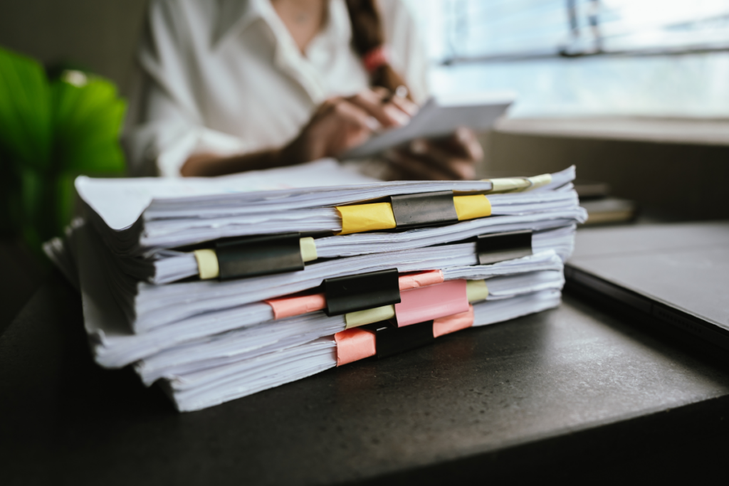 Case files and paperwork related to a car accident claim