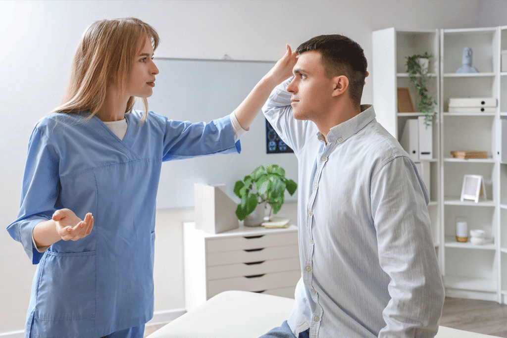 Patient receiving a concussion evaluation after an accident