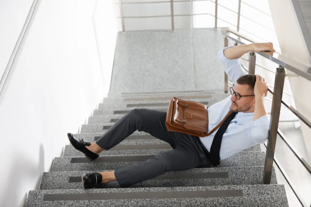 Man on a staircase after an apparent fall, illustrating apartment complex injury claims in California