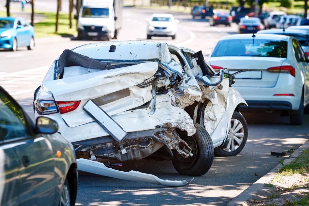 White car with severe rear-end damage following a traffic collision